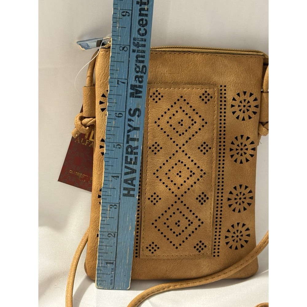 Alfa Bags Tan Laser Cut Crossbody Bag Small Faux Leather Purse NWT - Picture 3 of 11